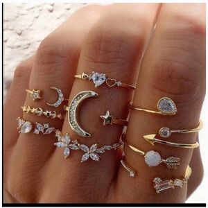 14k Gold Plated 9 Piece Gold Heart, Butterfly, Star and Moon Rhinestone Ring Set